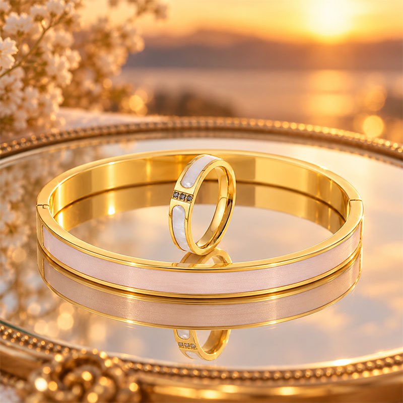 Women's 2pc Elegant White Enamel Bangle & Ring Set, Buckle Style